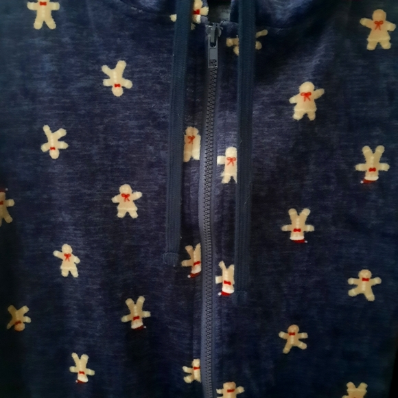 New Plush Navy Mr & Mrs Gingerbread Santa Sz XL OnePiece Pajamas Zip Up Hooded - Picture 4 of 15